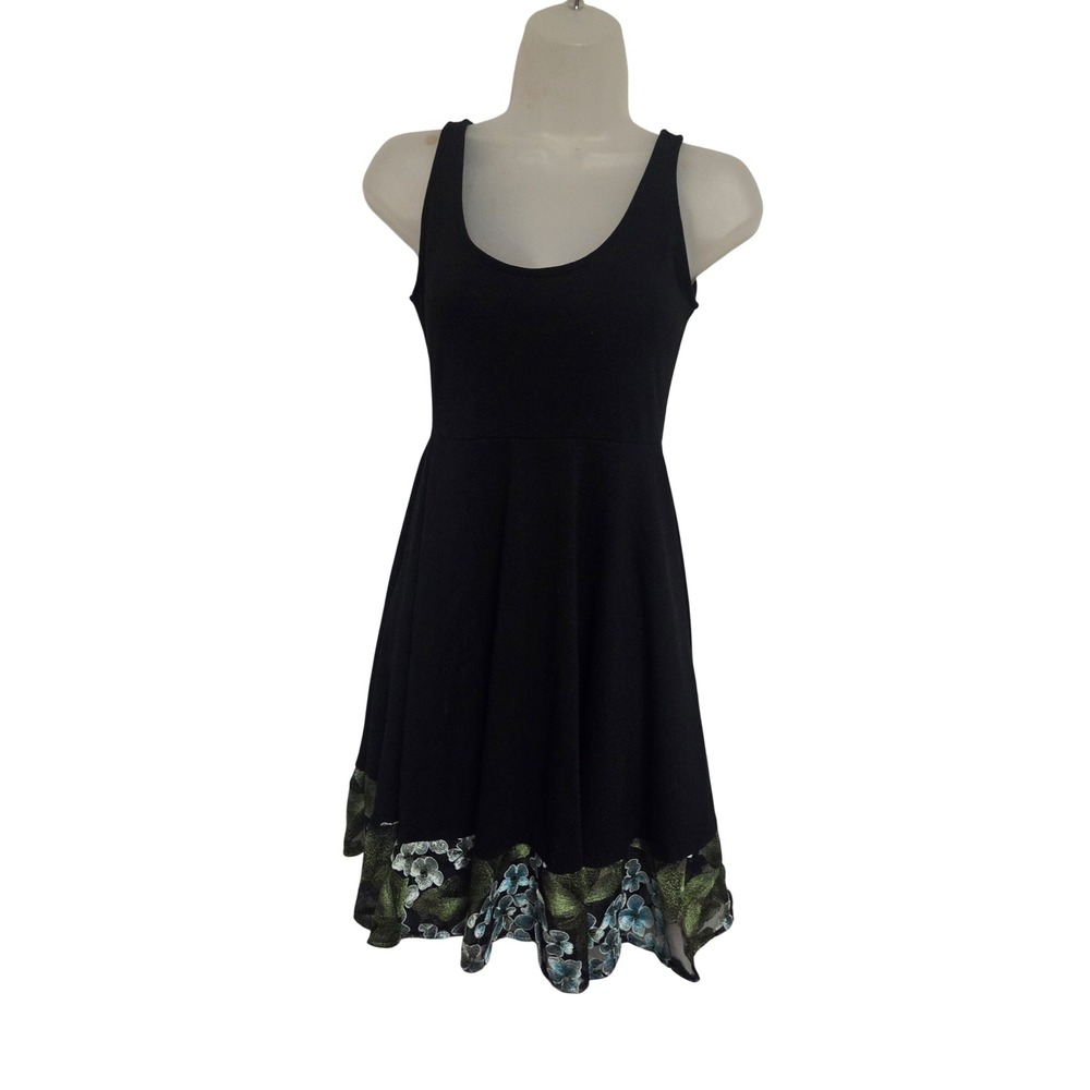 Desigual Womens Black Sleeveless Fit & Flare Floral Embroidered Mesh Hem Dress